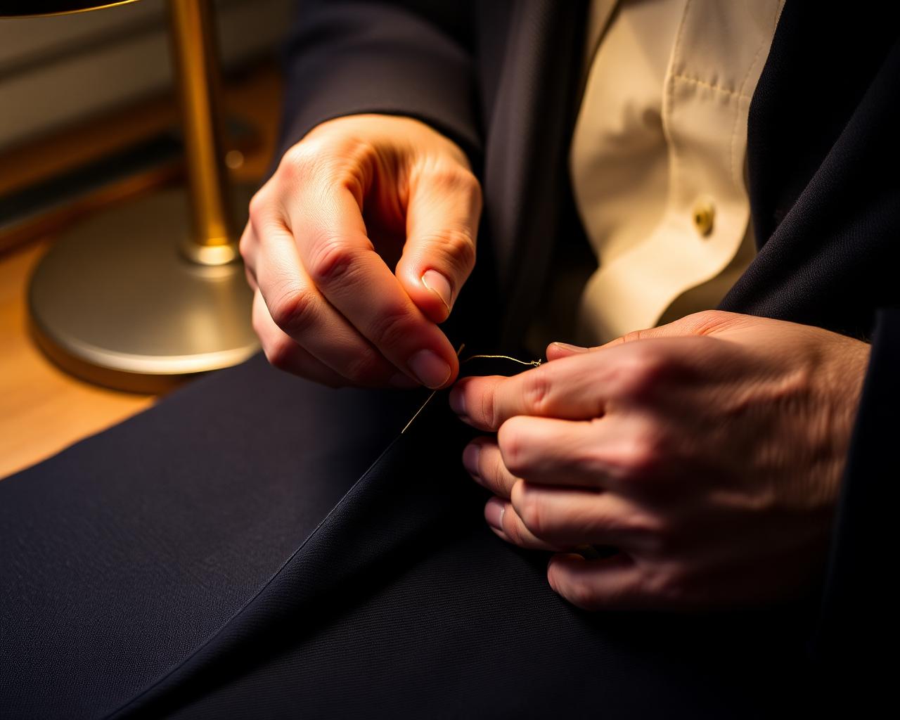 Hands stitching a button onto a navy blazer