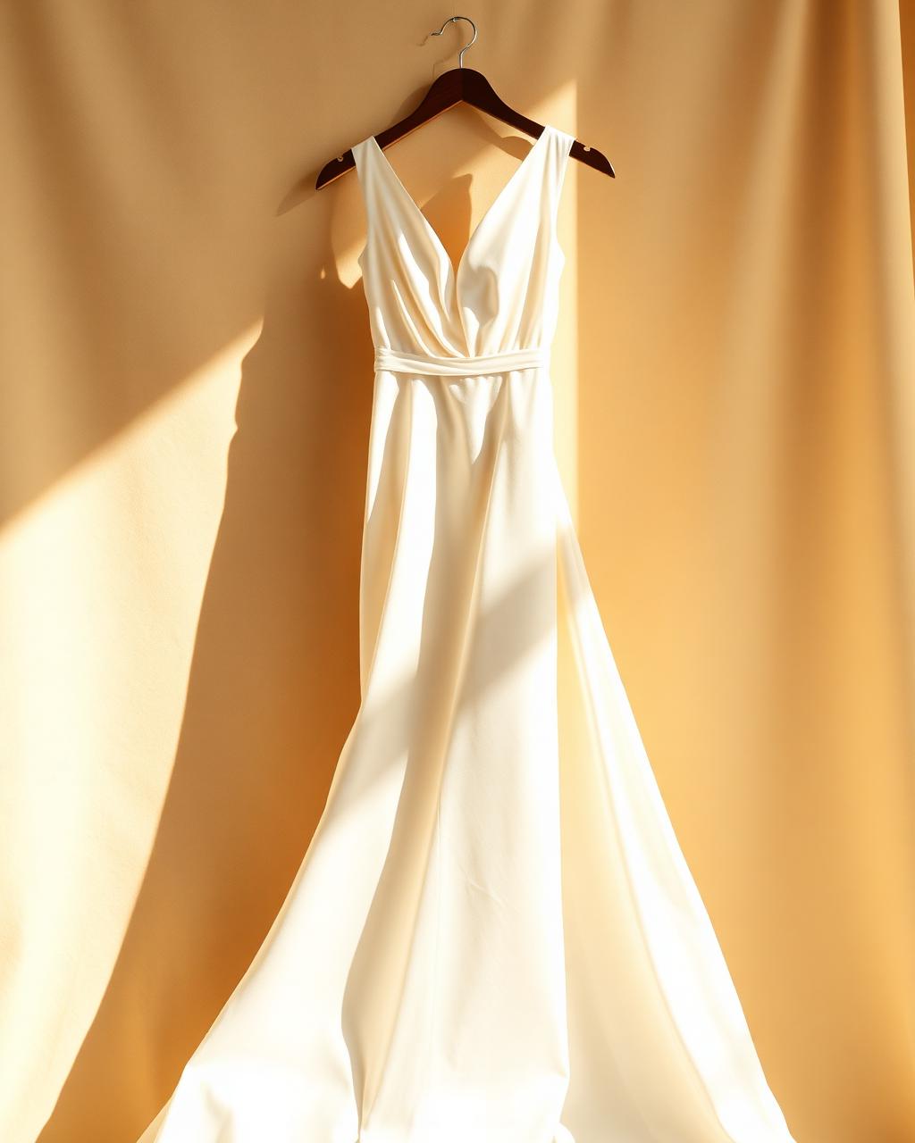 Ivory silk gown hanging in front of a warm beige curtain