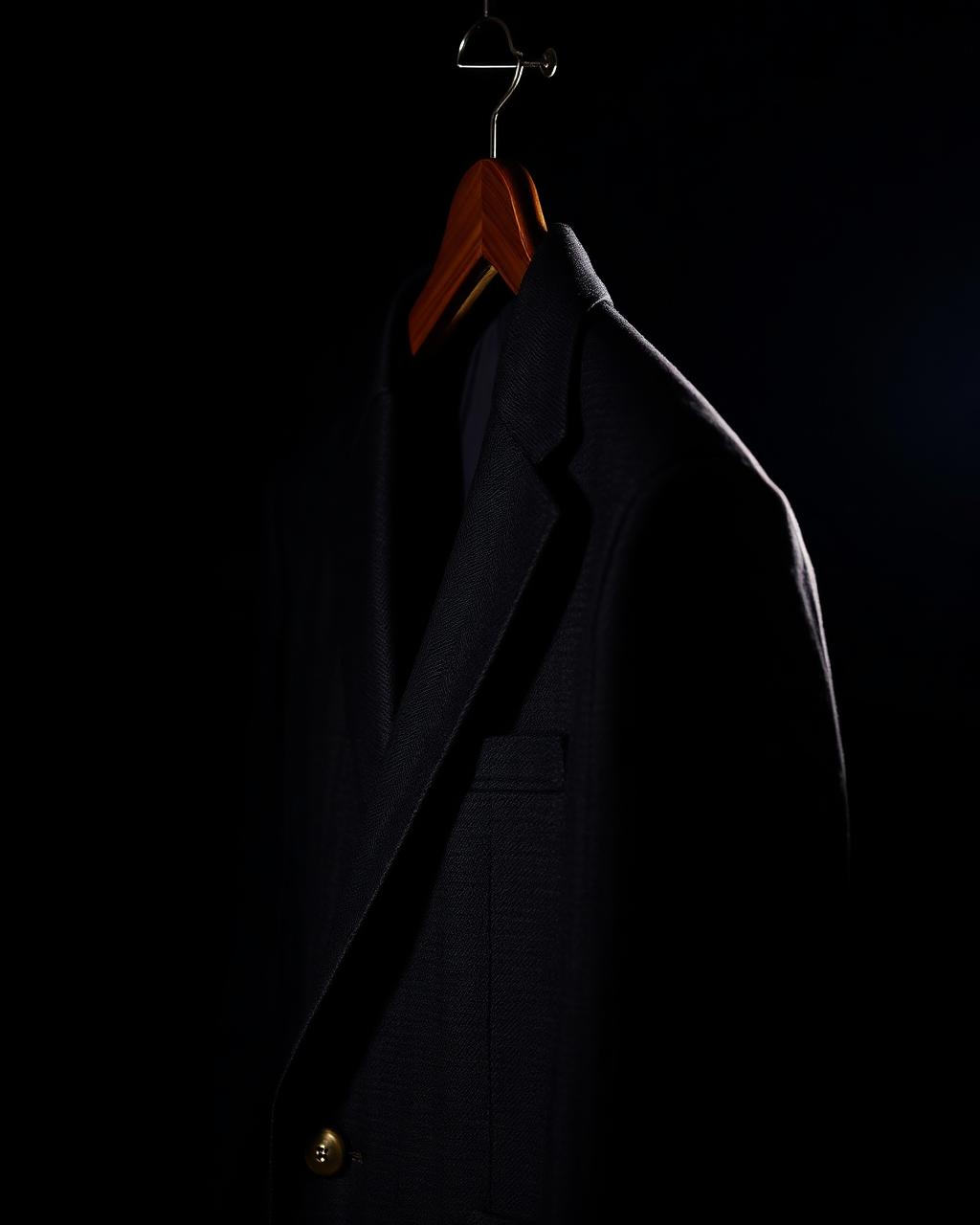 Charcoal wool suit jacket on a wooden hanger
